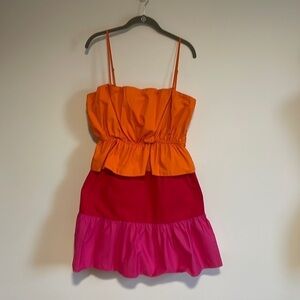 MILLY Nina ColorBlock Dress Large Tiered Orange Pink Ruffle Mini Cocktail Bold